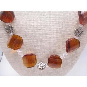 amber tone glass bead toggle necklace 21" flowers brown white 0033